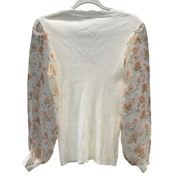 Sioni Womens Medium White Cardigan With Sheer Floral Sleeves Feminine Buttons GU - Picture 7 of 7